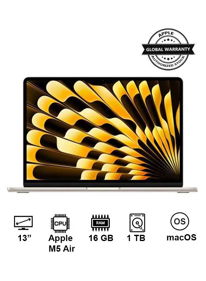 Apple MacBook Air 13-inch (M5, 2026) – 10-Core CPU | 10-Core GPU | 16GB RAM | 1TB SSD | Starlight | English Keyboard | International